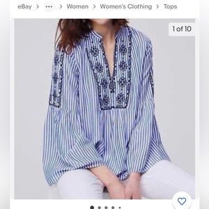 LOFT Blue and White Striped Embroidered Tunic